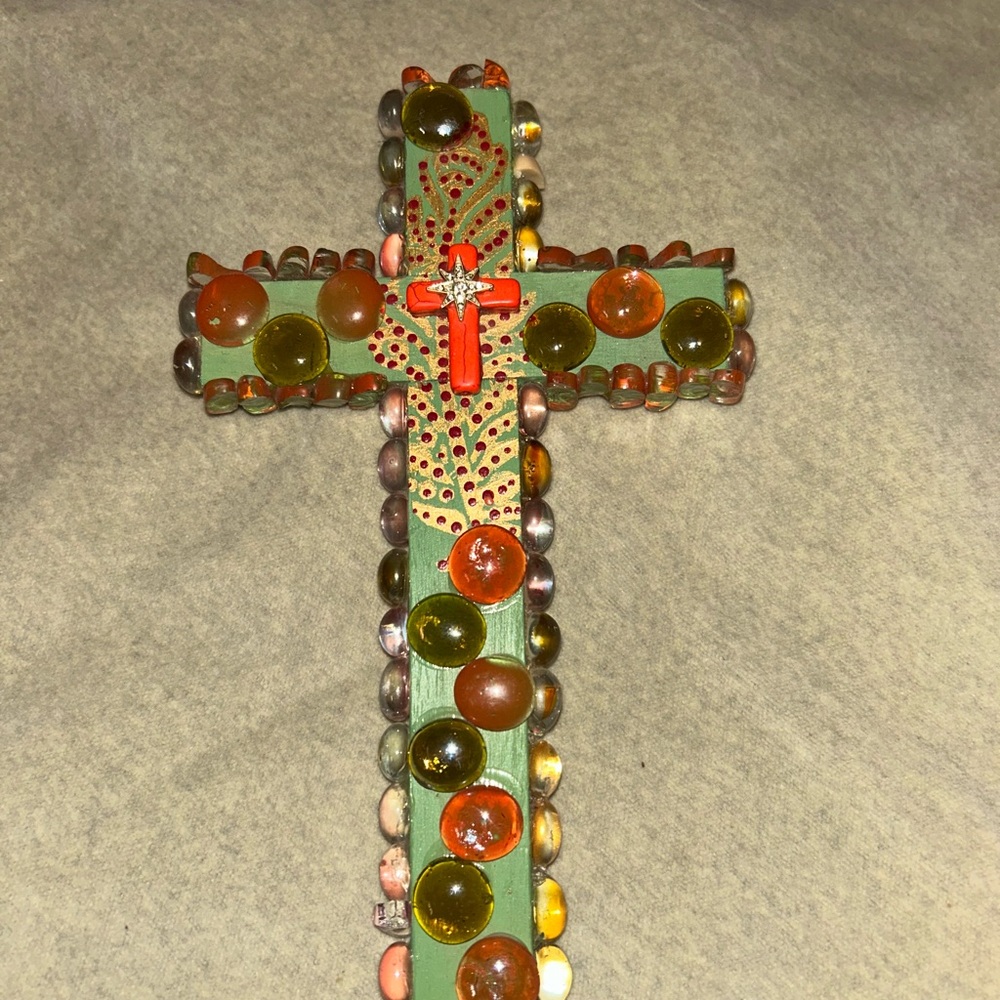 Decorative Orange and Green Beaded Cross Wall Art